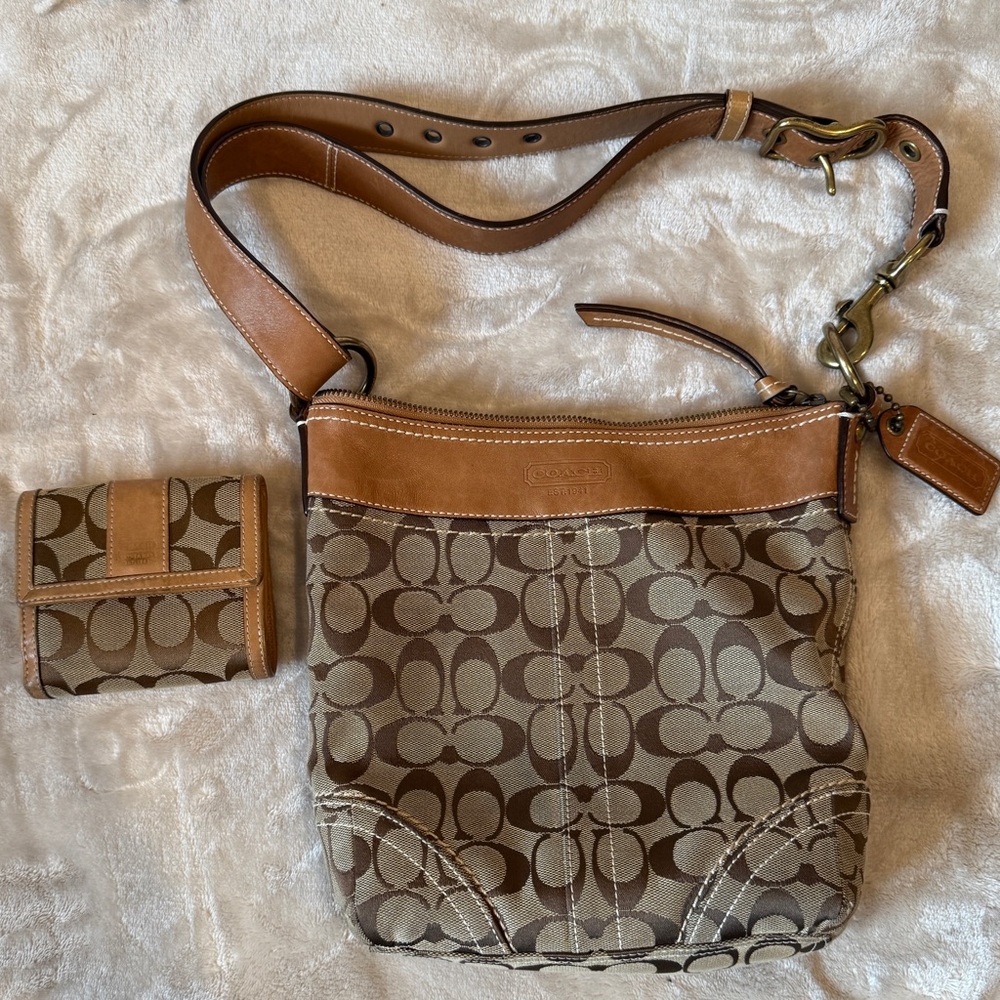 Coach Brown and Tan jacquard shoulder bag with matching brown and tan wallet